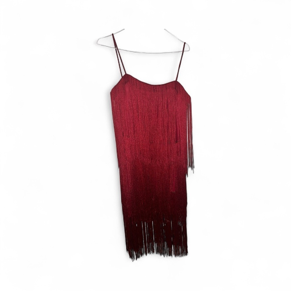 COMMENSE Florence Fringed Open Back Short Dress XL NWT Sold Out Online Burgundy - Picture 8 of 11